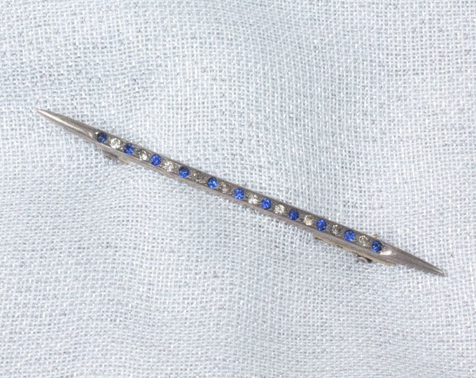 Antique Sterling Bar Pin Blue and Clear Paste Stones Signed ALLCO