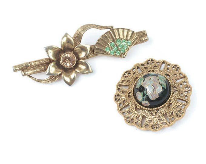 Asian Fan Cloisonne Brooch 2 Piece Lot 1928 Jewelry Company Vintage