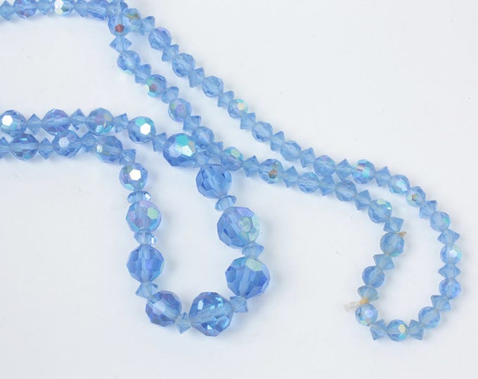 Blue AB Crystal Necklace Faceted Graduated Size Beads 30 Inches Long