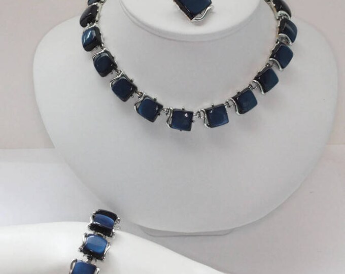 Coro Thermoset Midnight Blue Necklace Bracelet Earrings Set Parure Silver Tone Metal Mid Century Modern