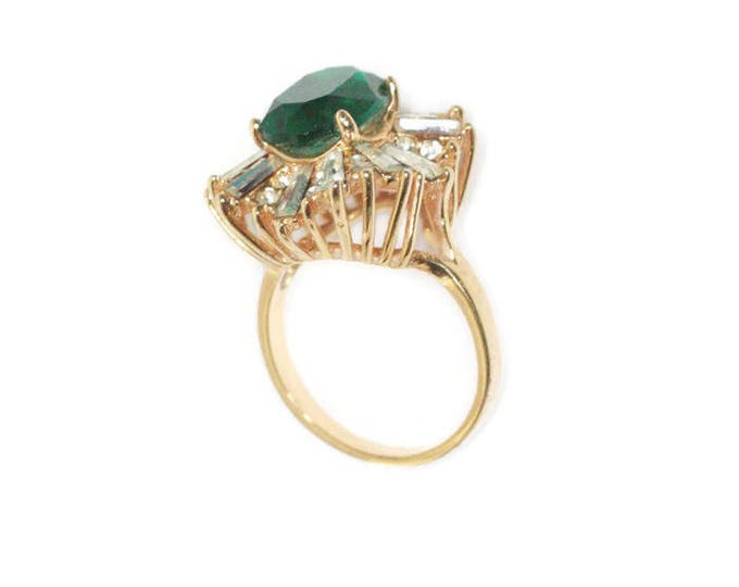 Simulated Emerald Dinner Ring 18KGE Clear CZ Baguettes Chatons Ballerina Setting Size 8 Plus Vintage