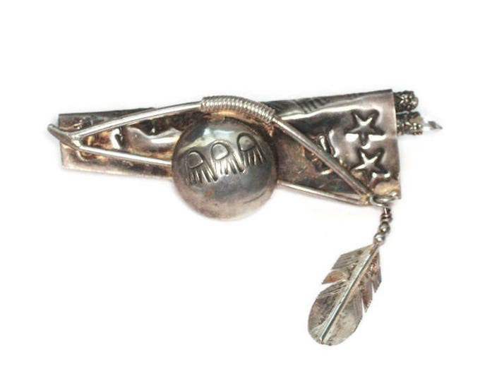 Native American Sterling Brooch Hunting Bow and Quiver of Arrows Symbols Stars Feather Vintage