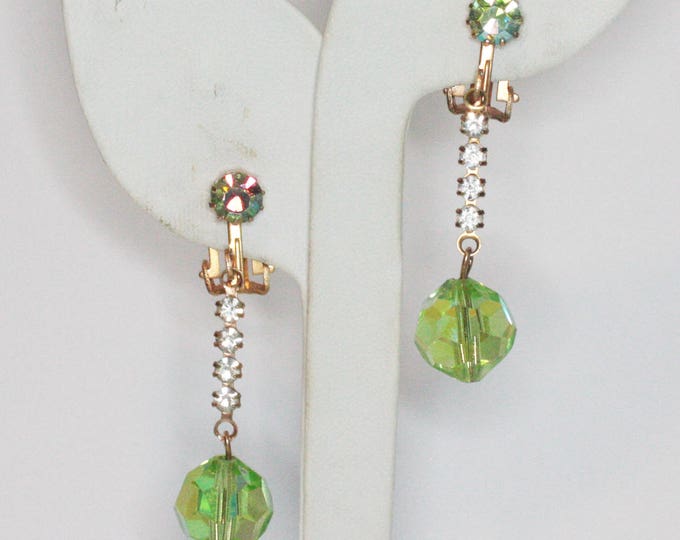 Green AB Crystal Dangle Earrings Clip Style Vintage