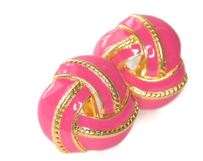Hot Pink Enameled Swirled Earrings Gold Tone Adjustable Clip On Signed JS