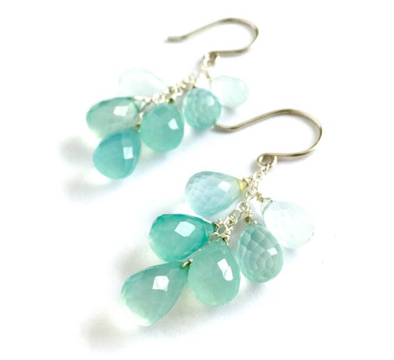 Blue Green Chalcedony Cluster Gemstone Earrings. Ocean Blue