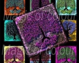 Stylized Colourful Trees - 63 1x1 Inch Square JPG images - Digital Collage Sheet