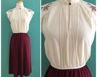 70's cream burgundy dress // cap sleeve dress ~ small medium