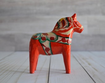 Vintage Dala Horse Figurine NILS OLSSON Hand Painted Orange Swedish Wooden Horse 4" Tall Smaller Sized