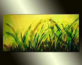 Green Textured Modern Palette Knife Landscape Abstract Painting By Henry Parsinia 48x24