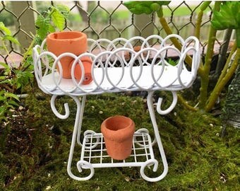 SALE Miniature Metal Plant Stand, White Mini Plant Stand, Garden Stand, Fairy Garden Accessory, Miniature Garden Dollhouse Decor
