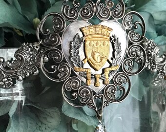 un coeur de paris - vintage assemblage necklace silver heart filigree crown crest medal sterling chain statement, by the french circus