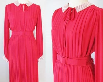 40% OFF SALE Vintage Bright Red Formal Party Dress / JACK Bryan Designer 1960's does 40's Red Silky Pleated Skirting Long Sleeve Belt Dress