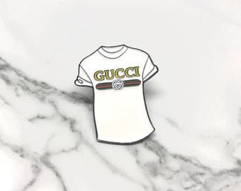 Vintage tshirt Pin, High Fashion Tee Shirt Pin, Vintage White Tee Shirt Pin, Gucci Print Shirt, Gift for her, Gift for him, Luxury Tee,gucci