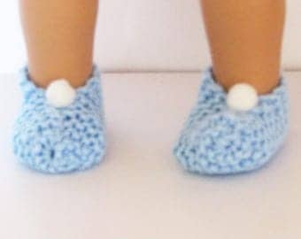 Blue Knit Slippers with White Pom Pom made to fit 18 inch American Girl Doll Clothes