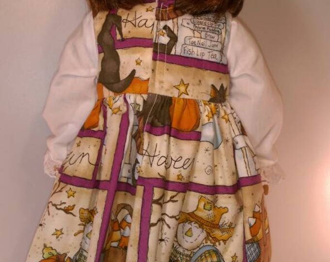 Halloween theme sleeveless doll dress with pumpkins and scarecrows, witches, cats. with blouse fits 18 inch dolls