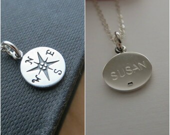 Engraved Compass necklace, large and small size, 925 sterling silver