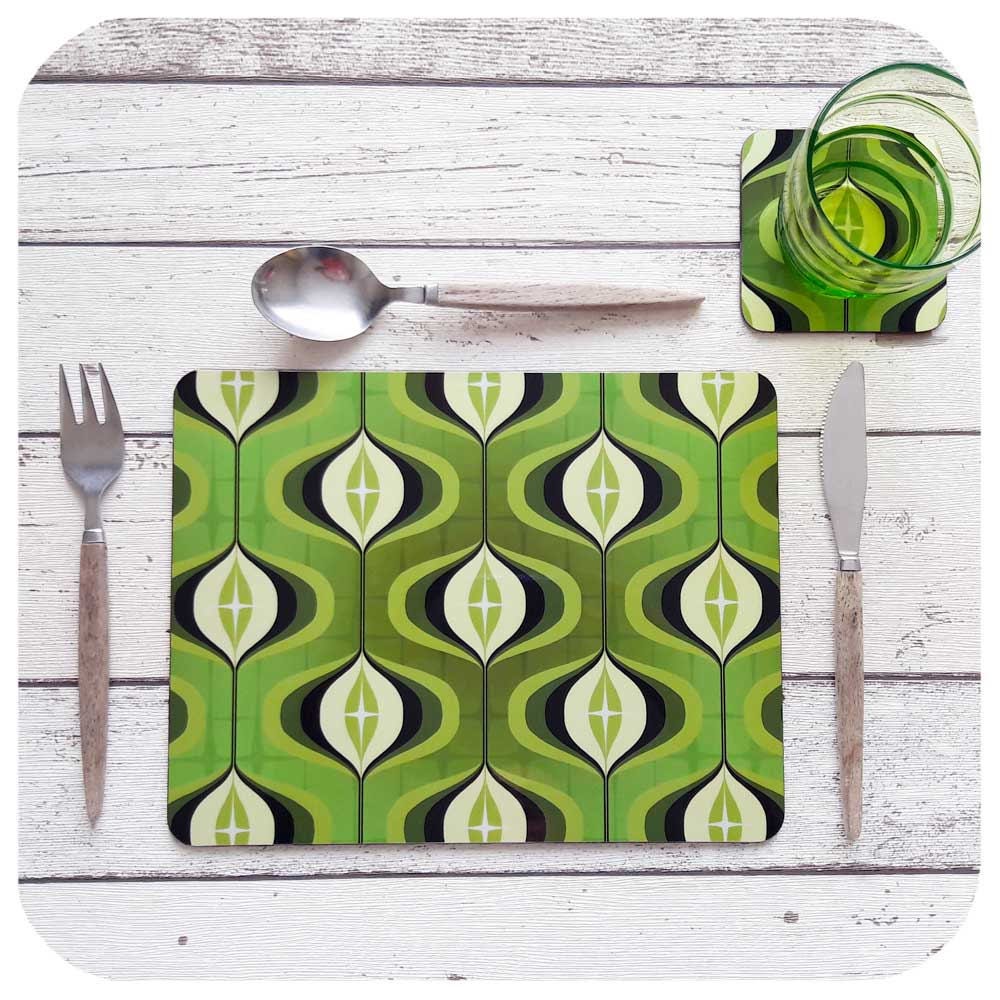 Green Op Art Placemat and Coaster 1970s Retro Placemats