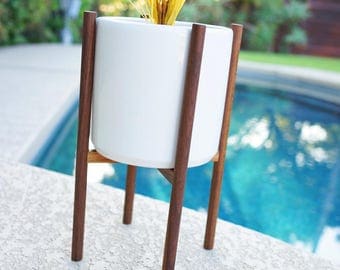 16" Medium Quad Base Stand & Ceramic Planter - Mid Century Modern - Eames Era Bullet Vintage Style Pottery Walnut IP MCM