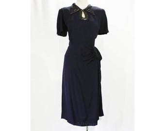 Size 12 40s Dinner Dress - 1940s Navy Blue Crepe Beaded & Swagged Evening Cocktail - Large WWII Era Hollywood Style - Bust 40 - 49211