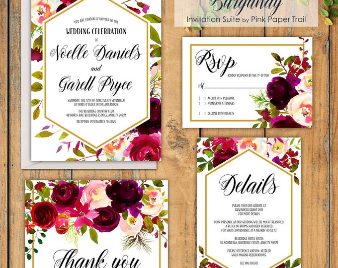 Burgundy Floral Printable Wedding Invitation Suite Roses Floral Wedding Invitation Set, Print Your Own Wedding Invitation Suite