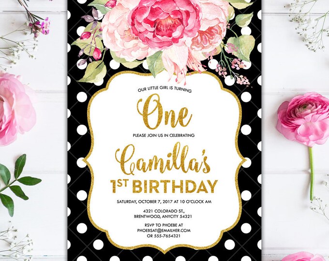 Black and White Polka Dots and Pink Floral and Gold Glitter Glam Girl Birthday Party Printable Invitation