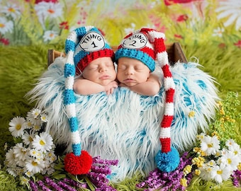 Thing 1 or Thing 2 Hat, Thing 3 or Thing 4 Hat, Dr. Suess, Newborn Photo Prop, Halloween Costume for Baby, Pom Pom Hat, Red Striped Hat