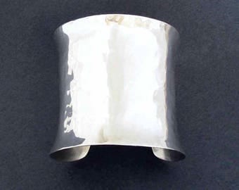 Wide Cuff Bracelet Hammered Sterling Silver Cuff Bracelet Artisan Modern Metal Jewelry 25th Silver Anniversary Jewelry Size Small