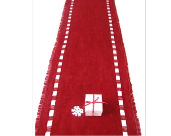 Birthday Red Burlap Table Runner with Satin Ribbon - Lush Color Table Topper - Elegant Dining