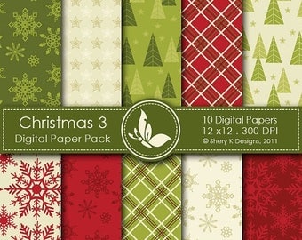 40% off Christmas 3 Paper Pack - 10 PrintableDigital papers - 12 x12 - 300 DPI ////// 3