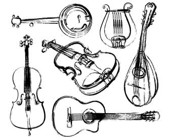 Music Clipart, String Instrument Clipart, Guitar Clipart, Violin Clipart, Harp Clipart, Mandolin Clipart, Cello Clipart, Digital Download