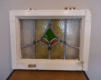 Vintage English stained glass window, antique window, retro stained leaded glass window,green and yellow stained glass