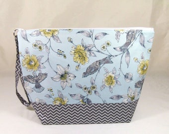 Knitting Project Bag - Large Zipper Wedge Bag in Blue Bird Floral Fabric and Silver Chevron Lining