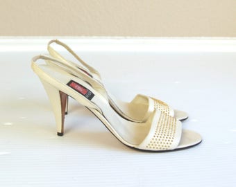 vtg 80s CREAM leather peep toe Gold STUDDED STILETTOS heels 8 Italian pumps