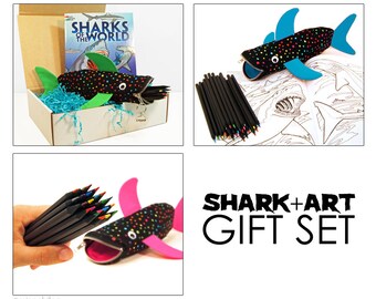 Personalized Shark Gift Set - Shark Week - Pencil Case - Colored Pencils - Coloring Book - Kids Birthday Gift - Shark Party - Art Supplies