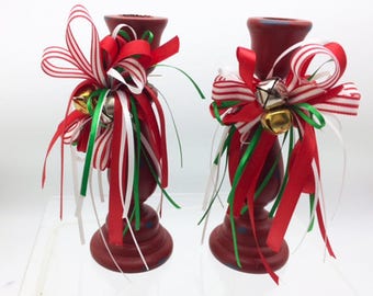 Red Wooden Candlesticks with Holiday Bows