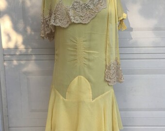 1930s Golden Yellow Flapper Dress Set . Antique Art Deco Dress & Slip Small