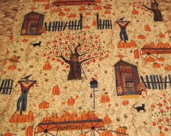 14" x 14" PILLOW COVER - Autumn Orchard Scarecrow Pumpkin Patch with Cottage