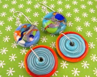 COLORFUL ARTISAN LAMPWORK Disc and Lentil Drop Earrings (ER212)