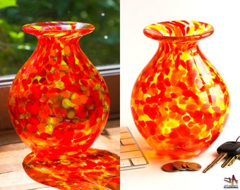 Hand Blown Glass Vase with Hot Yellow Orange and Red Dots