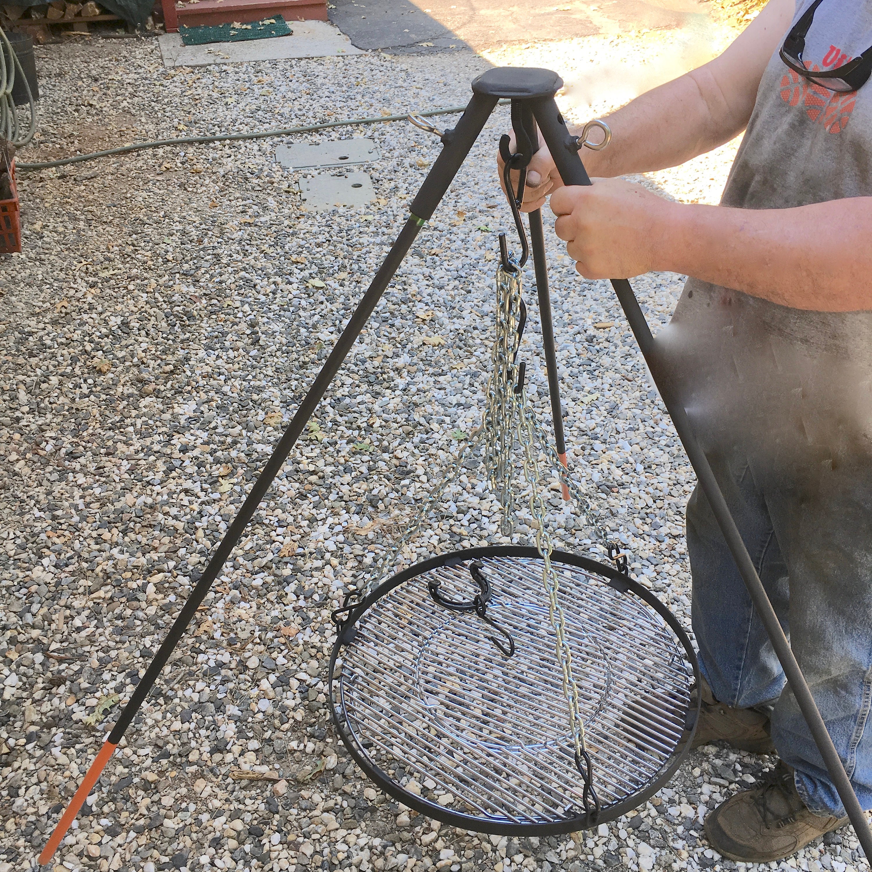 Sturdy Tripod Campfire Stand for use over a wood fire cook