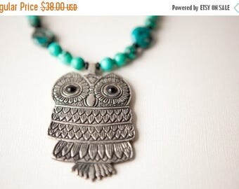 Silver Owl Necklace, Owl Jewelry, Turquoise Necklace, Statement Necklace, Bold Necklace Set, Boho Jewelry, Bohemian Jewelry, Stone, Trending