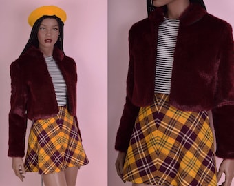 90s Burgundy Faux Fur Cropped Jacket/ Small/ 1990s