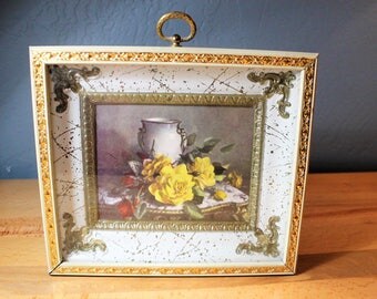 Vintage Ornate Metal Framed Picture With Yellow Roses