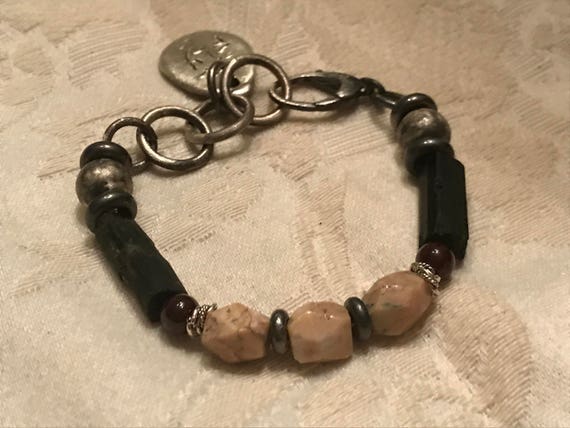 Black Raw Tourmaline and African Opal - Oxidized Sterling Silver Bracelet - handmade links - Urban Decay Jewelry