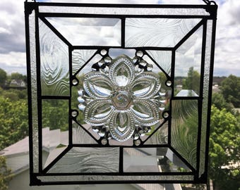 Stained Glass Panel|Clear Glass Panel|Antique Tieback Panel|Swarovski CrystalOOAK Glass Panel||Glass Art|Handcrafted|Made in USA