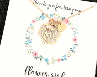 Flower Girl gift Flower girl necklace with message card initial necklace freshwater pearl necklace Bridesmaid Gift Personalized Jewelry