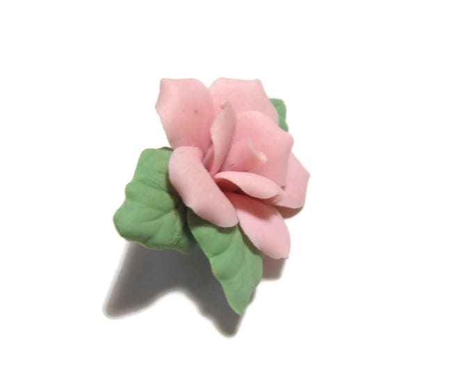 FREE SHIPPING Porcelain rose brooch, pink rose with green leaves, delicate china rose pin, feminine floral brooch