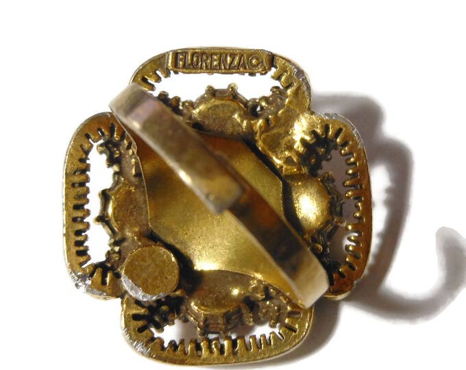 FREE SHIPPING Florenza cocktail ring amber and rootbeer rhinestones with floral top, adjustable