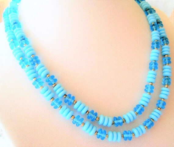 Aqua Necklace - Lucite Bead - 2 Strand Choker - Summer Sundress