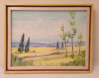Vintage Retro Impressionist Figural Landscape Oil on Board Painting